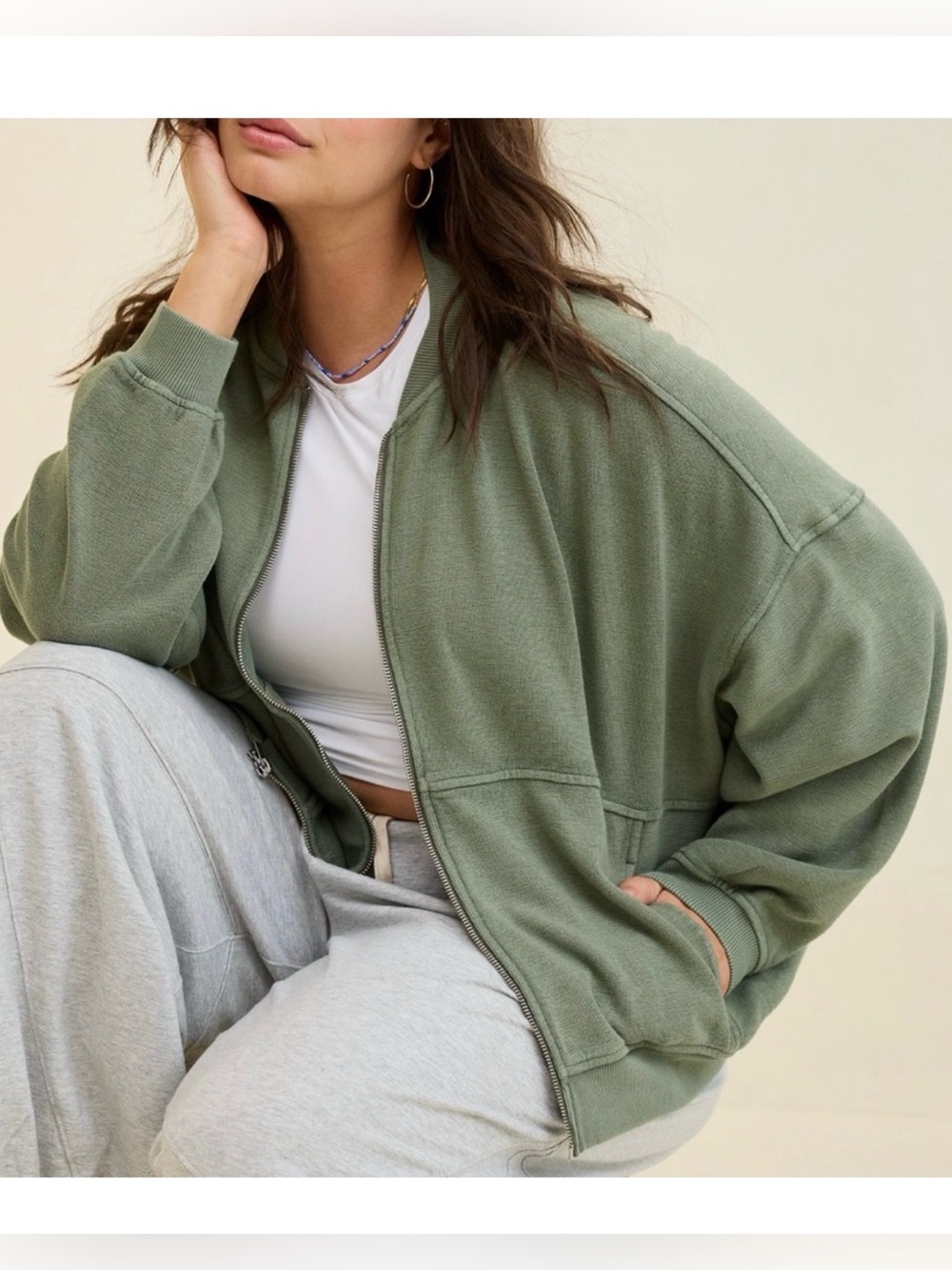 AERIE Green Cotton Bomber Jacket